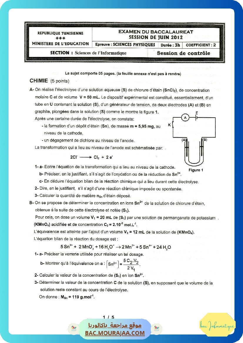 Sujet controle physique Bac 2012 – Section info